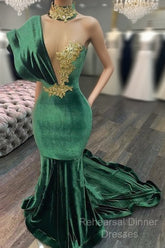 Emerald Green Evening Dresses High Neck Appliques Gold Lace Mermaid Semi Formal Prom Dresses Sexy Formal Velvet Party Gowns